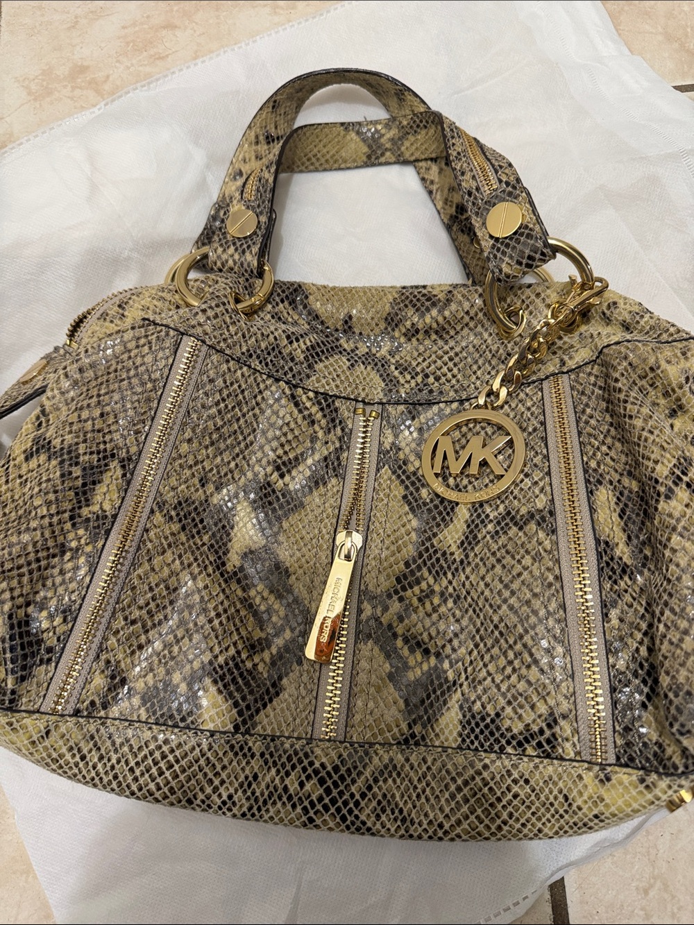 Michael Kors Snake-Print Shoulder Bag in Beige and Brown with Gold Hardware